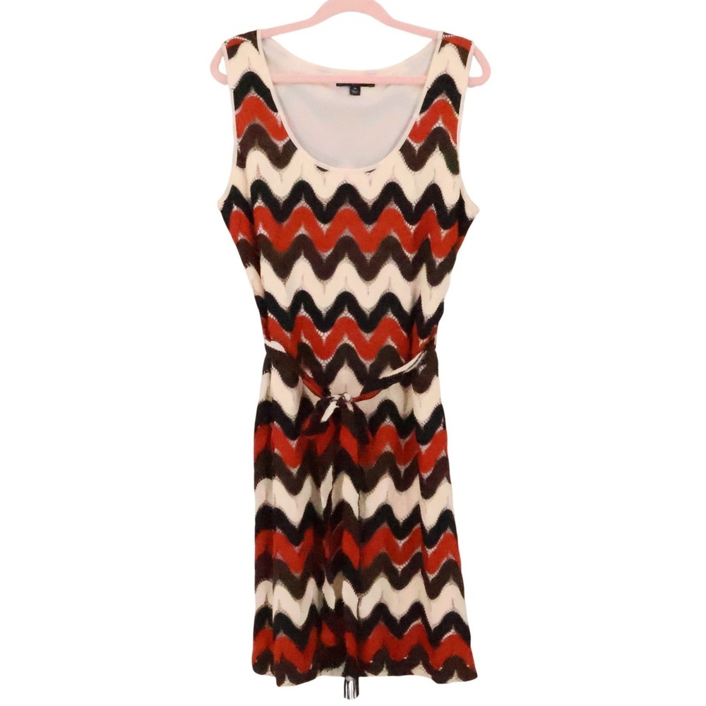 Chevron Retro Crochet Sheath Dress Belted Mod Groovy Sleeveless Zig Zag Size 16